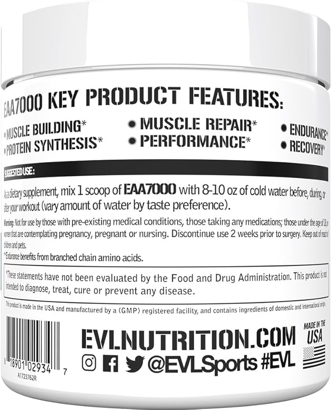Evlution Nutrition EAA7000 - Pre & Post Workout Powder - Muscle Building + Recovery Supplement - 7g Essential Amino Acids + 5g BCAAs - Endurance + Energy Support - 30 Servings - Unflavored