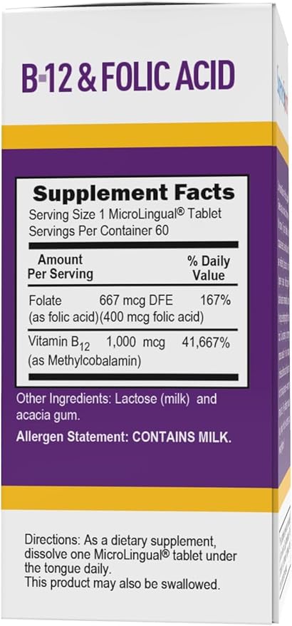 Superior Source No Shot Vitamin B12 Methylcobalamin (1000 mcg), Folic Acid, Quick Dissolve MicroLingual Tablets, 60 Count, Active Form of B12, Increase Energy, Healthy Heart, Boost Metabolism, Non-GMO