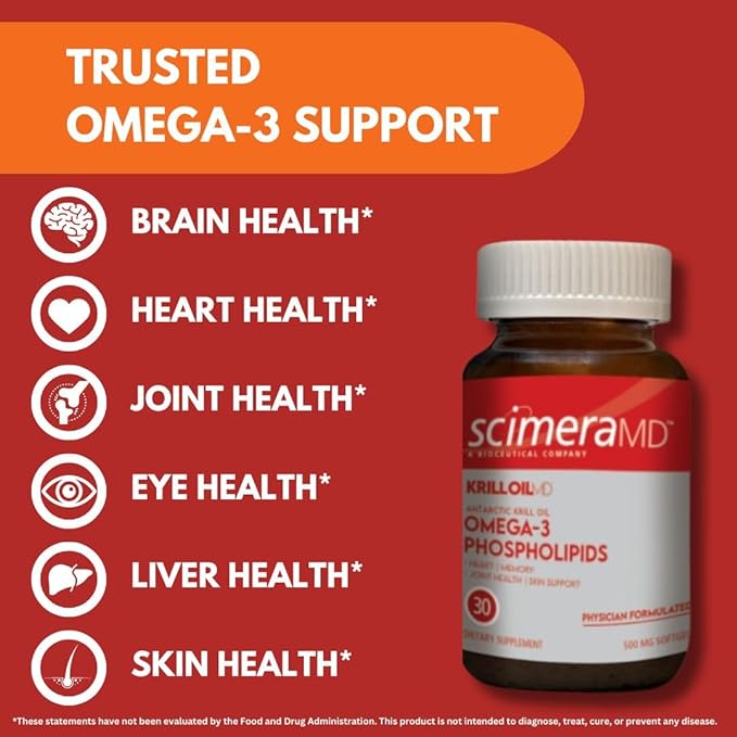 ScimeraMD® KrillOilMD Antarctic Krill Oil Omega 3 DHA EPA Supplement with Astaxanthin for Heart, Brain, and Joint Support, 30 CT