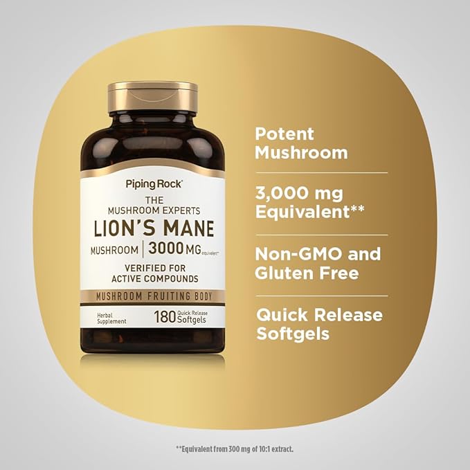 Piping Rock Lions Mane Supplement | 3000mg | 180 Softgel Capsules | Mushroom Fruiting Body Extract | Non-GMO, Gluten Free