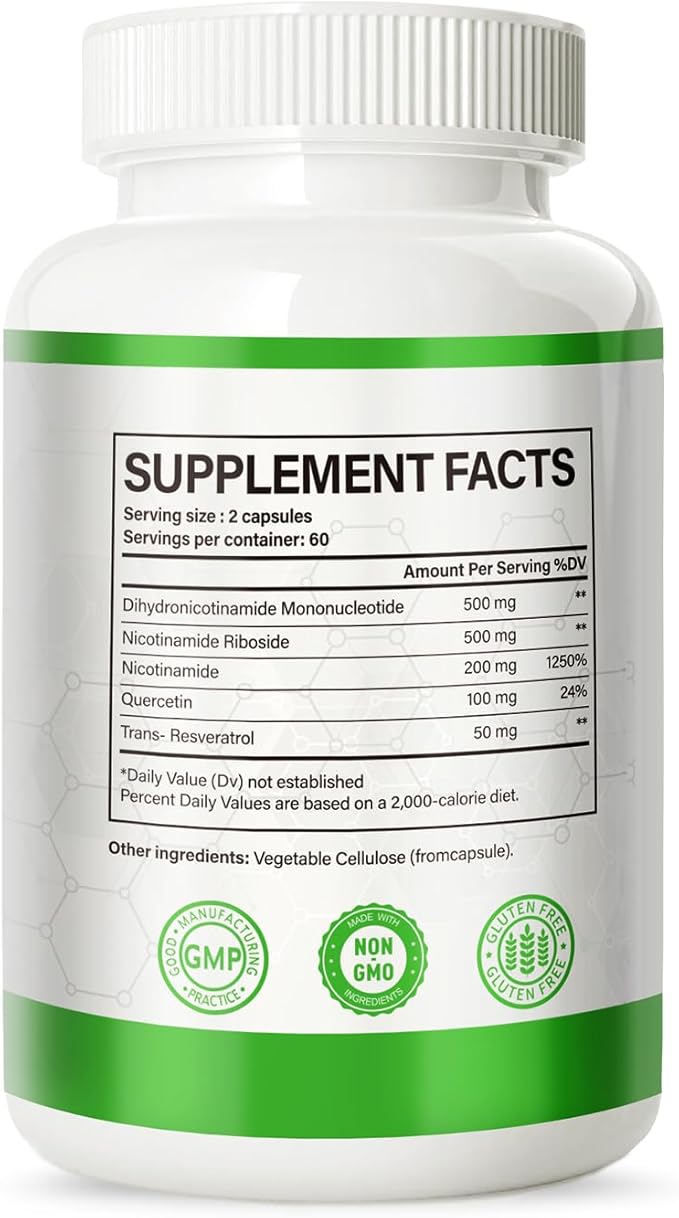 NMNH (Dihydronicotinamide Mononucleotide), NMN Alternative Supplement w/Niacinamide (Vitamin B3), Quercetin, Trans-Resveratrol, Support NAD+, Skin Cell Health*, Anti-Aging & Energy, 120 Caps