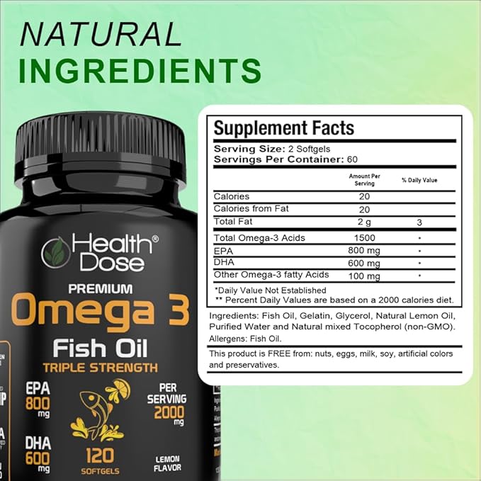 Omega 3 Fish Oil – Lemon-Flavored Softgels with EPA & DHA for Brain, Heart, and Wellness Support – Easy-to-Digest, No Fish Burps – 120 Softgels, Pack of 5