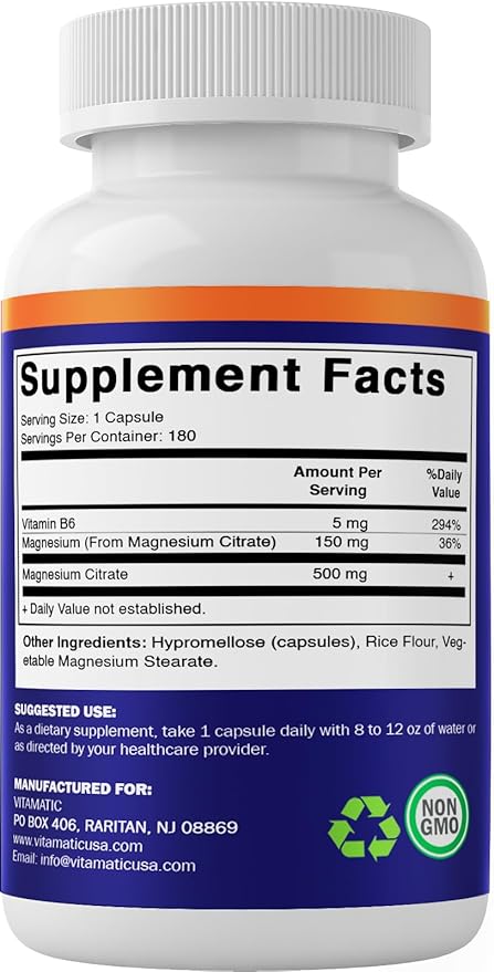 Vitamatic Magnesium Citrate 500mg per Serving - 180 Vegetarian Capsules (Provides 150 mg of Elemental Magnesium) - Added B6 for Maximum Absorption - Supports Muscle, Joint, and Heart Health*