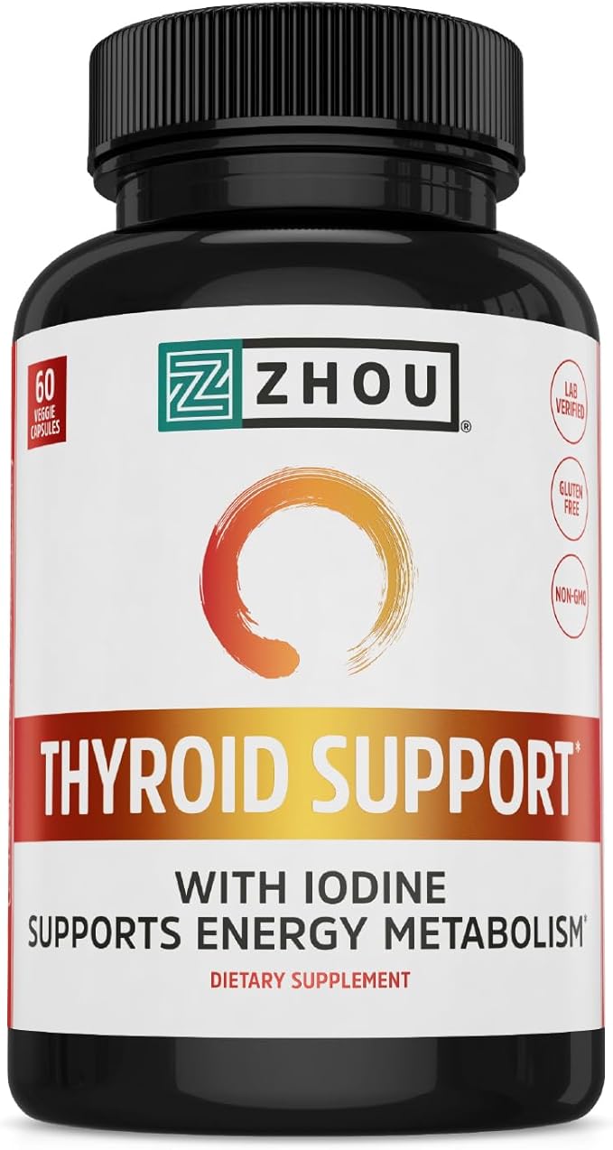 Zhou Thyroid Support - Thyroid Supplement for Women & Men with Zinc, Iodine, & Selenium, Metabolic Health Thyroid Complex with Ashwagandha, Kelp - 60 Veggie Capsules (Pack of 1)