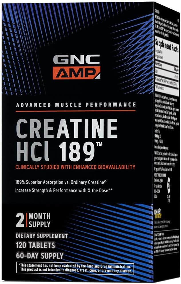 GNC AMP Creatine HCl 189 Pills, Clinically Proven Strength & Muscle Builder, Athletic Performance, Energy Production, Recovery Supplement, Fast Absorbing, Gluten Free Formula, 60 Servings