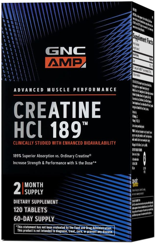 GNC AMP Creatine HCl 189 Pills, Clinically Proven Strength & Muscle Builder, Athletic Performance, Energy Production, Recovery Supplement, Fast Absorbing, Gluten Free Formula, 60 Servings