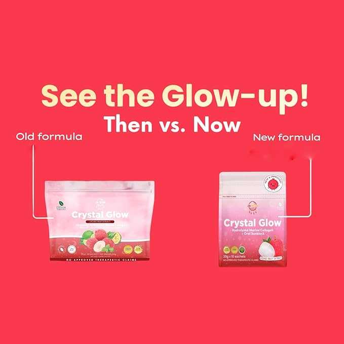 Crystal Glow Hydrolyzed Marine Collagen Mix with Glutathione & Lychee Extract, 10 Sachets