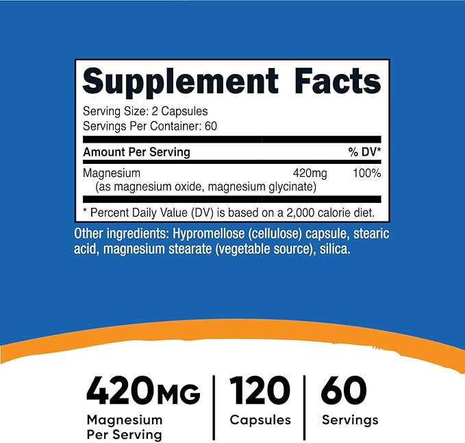 Nutricost Magnesium+ Extra Strength 420mg, 120 Capsules - 60 Servings. Magnesium Oxide and Glycinate - Non-GMO, Gluten Free, Vegan Friendly