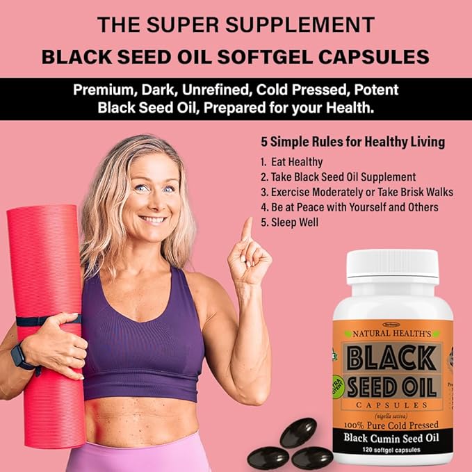Pure Black Seed Oil Capsules 1000mg per serving - 120 Capsules - Cold Pressed and Non GMO
