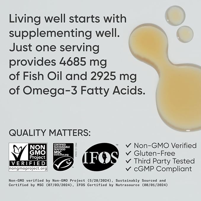 Sports Research® Omega-3 Fish Oil 4685mg - Sourced from Wild Caught Alaska Pollock - Natural Lemon Flavor, MSC Certified Sustainable - 8oz (48 Servings)