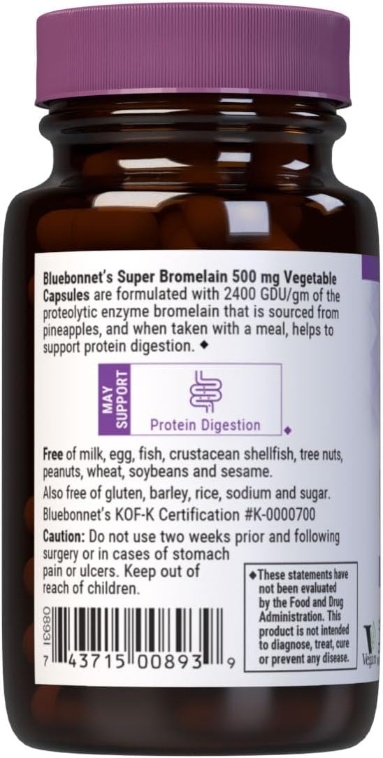 BlueBonnet Super Bromelain Vegetarian Capsules, Pineapple, 500 mg, 30 Count