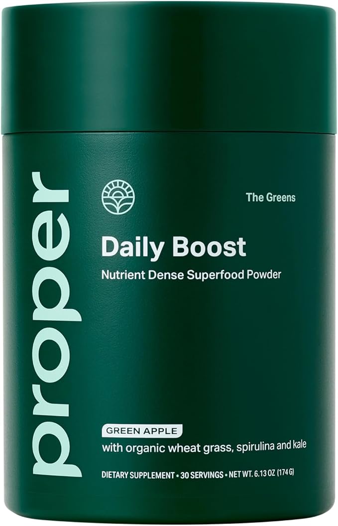Proper, The Greens Daily Boost Organic Greens Powder. Whole Food, Apple Flavor Veggie Powder Superfood with Wheatgrass, Spirulina, Chlorella, Probiotics. Daily Drink Mix for Wellness and Digestion