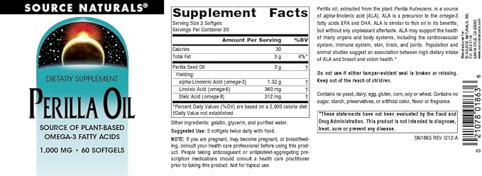 Source Naturals Perilla Oil Source of Plant-Based Omega-3 Fatty Acids, 1000 mg - 60 Softgels