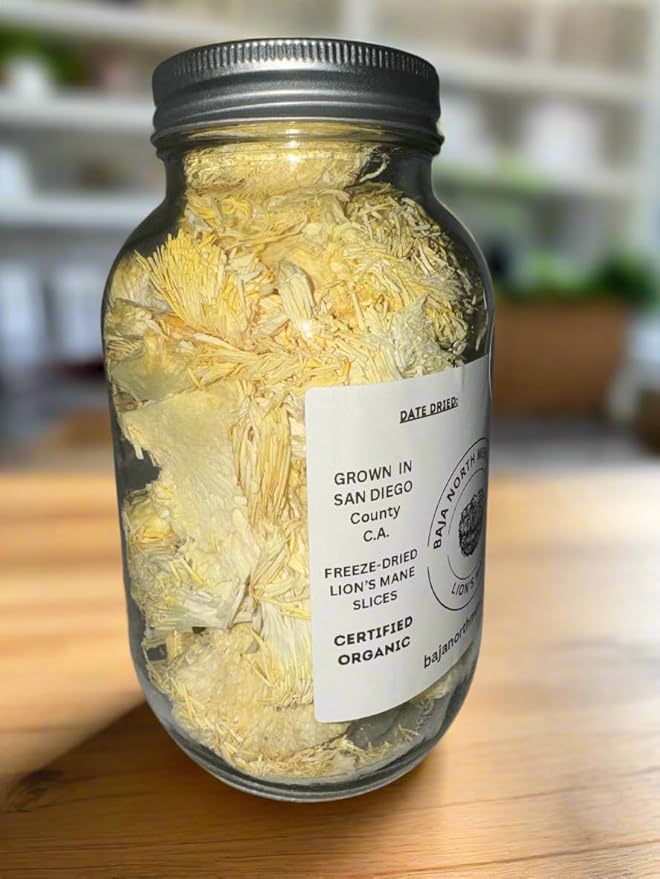 Freeze-Dried Lion's Mane Mushroom fruiting bodies Slices. Real Deal Large 25 Gram Jar. Great for tea or powder. Can be rehydrated and cooked or used as a herbal supplement. USDA organic. Excellent for Stamets Stack. No Refrigeration Required