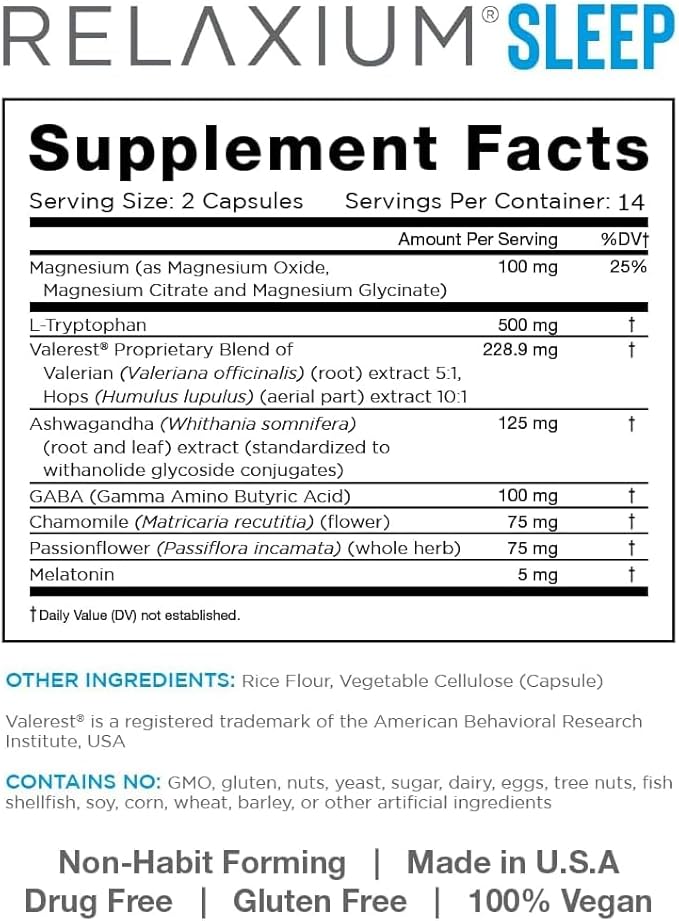 Relaxium Sleep Aid, 14-Day Supply, Non-Habit Forming, Dietary Supplement for Better Sleep, Drug-Free, Stress Relief, with Magnesium, Melatonin, GABA, Chamomile, Made in USA (28 Vegan Capsules)