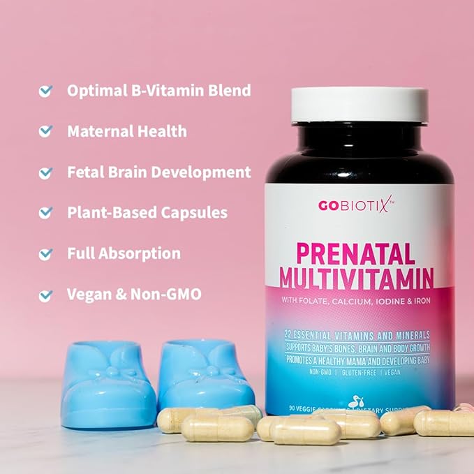 GOBIOTIX Prenatal Vitamins for Women - Multivitamins with Iron, Calcium, Vitamin D2, C, Zinc & Folic Acid for Pregnancy - Pre and Postpartum Essentials - Non-GMO - 90 Capsules