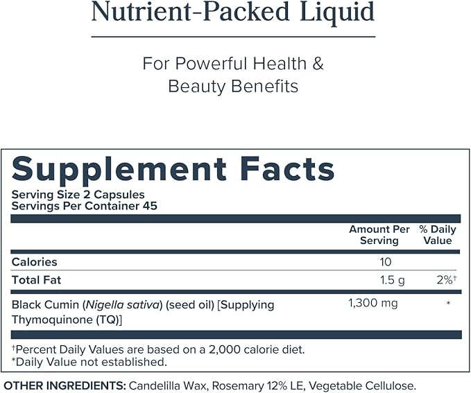 HERITAGE STORE Black Seed Oil Liquid Capsules 650mg, Nigella Sativa Oil Supplement with Thymoquinone, Omega 3 6 9, Antioxidant, Cholesterol, Digestive, Joint & Immune Support*, Vegan, 45 Serv, 90ct