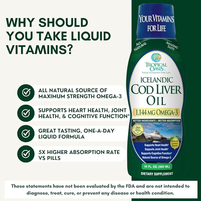 Tropical Oasis - Icelandic Cod Liver Oil | Maximum Strength 1144mg of Liquid Wild-Caught Natural Omega-3 Fish Oil (Lemon Flavor, 90 Servings)