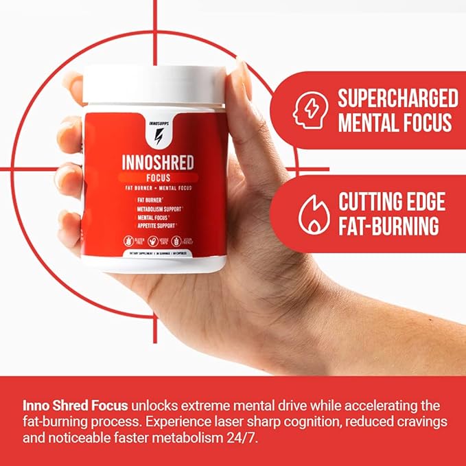 Inno Shred Focus Day Time Fat Burner, 100mg Capsimax, Grains of Paradise, Organic Caffeine, Green Tea Extract, Appetite Suppressant, Weight Loss Support, 60 Veggie Capsules (60 Capsules, with Focus)