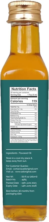 ADI 100% Pure Organic Flaxseed Oil – 8.8 fl oz, Liquid Flax Oil Cold-Pressed & Unrefined