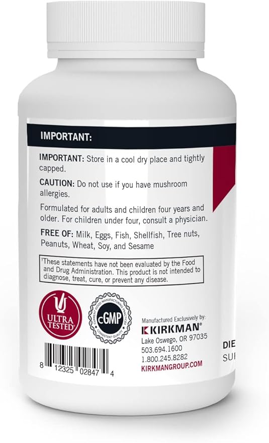 Kirkman - Mushroom Energy & Endurance - 120 Capsules - Promotes Sustained Cellular Energy Production - Hypoallergenic - Hypoallergenic