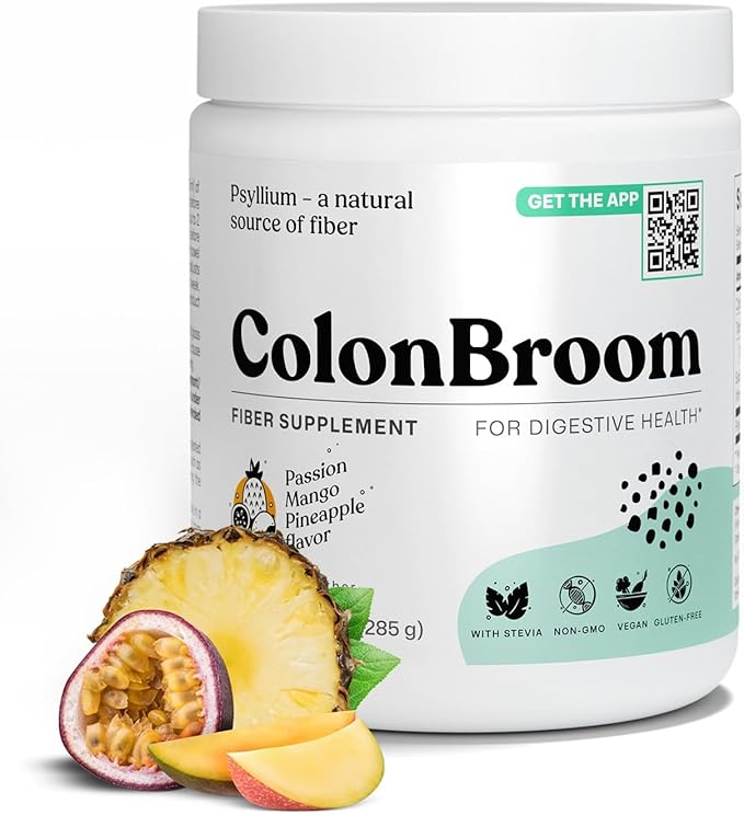 ColonBroom Psyllium Husk Powder with Stevia (Tropical Fruits) - Colon Cleanse for Bloating Relief & Gut Health - Colon Broom Fiber Powder Drink - Vegan Fiber Powder Stevia Supplement, 100 Servings