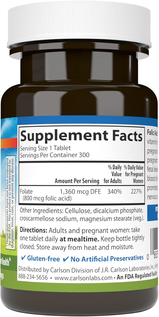 Carlson - Folic Acid, 800 mcg, Provides Important Prenatal Support, 300 tablets