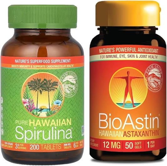 Nutrex BioAstin Astaxanthin 12mg 50 Softgels + Pure Hawaiian Spirulina 500 mg Tablets 200 Count | Bundle