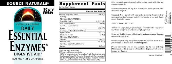 Source Naturals Essential Enzymes 500mg, Bio-Aligned Multiple Enzyme Supplement Herbal Defense for Digestion, Gas, Constipation & Bloating Relief - Digestive Aid* - 360 Capsules, 360 Servings
