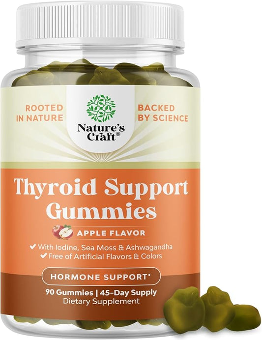 Natures Craft Vegan Thyroid Gummies with Sea Moss - Thyroid Support Gummies for Comprehensive Support for Men and Women with Iodine Selenium and Other Potent Vitamins - Gelatin-Free Non-GMO 90