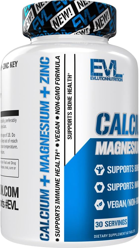 Evlution Nutrition Calcium + Magnesium + Zinc - Bone + Muscle Health Support - Immune + Sleep Supplement - Vegan + Non-GMO - 30 Servings