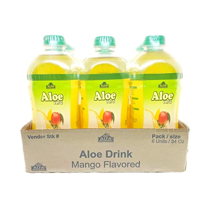 Alfa Vitamins Aloe Vera Drink Original Flavor - Natural Pulp - 34 Ounce - 6 Pack (Mango)