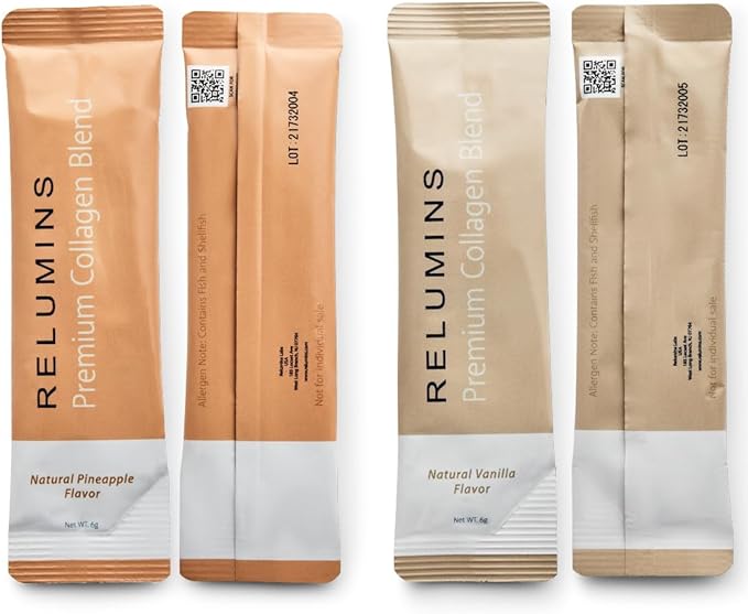 Relumins Marine Collagen Powder Drink Mix - Collagen Peptide with Glutathione, Green Tea, CoQ10, & Hyaluronic Acid Boosts Smooth Glowing Skin - 10 Powder Sachets x Vanilla Flavored