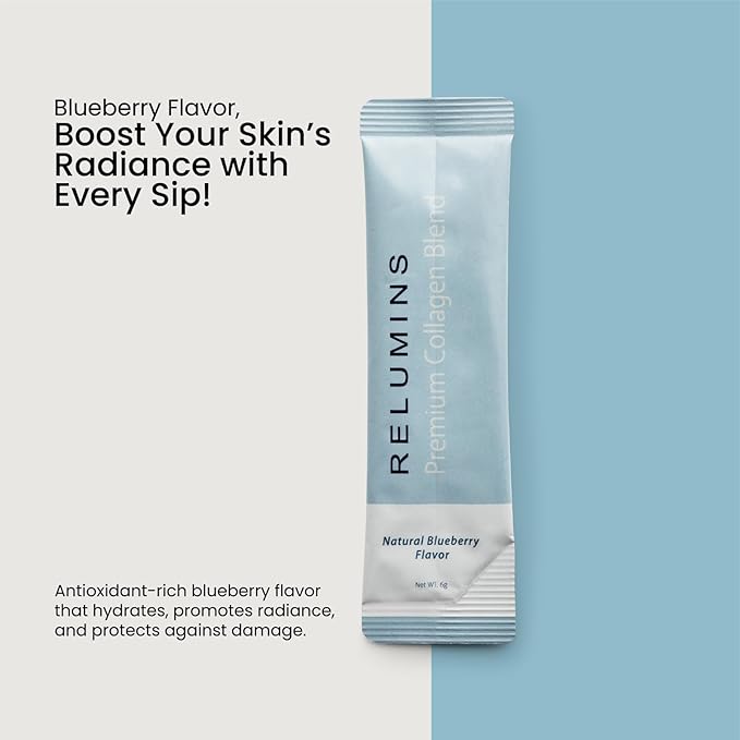 Relumins Marine Collagen Powder Drink Mix - Collagen Peptide with Glutathione, Green Tea, CoQ10, & Hyaluronic Acid Boosts Smooth Glowing Skin - 10 Powder Sachets x Blueberry Flavored