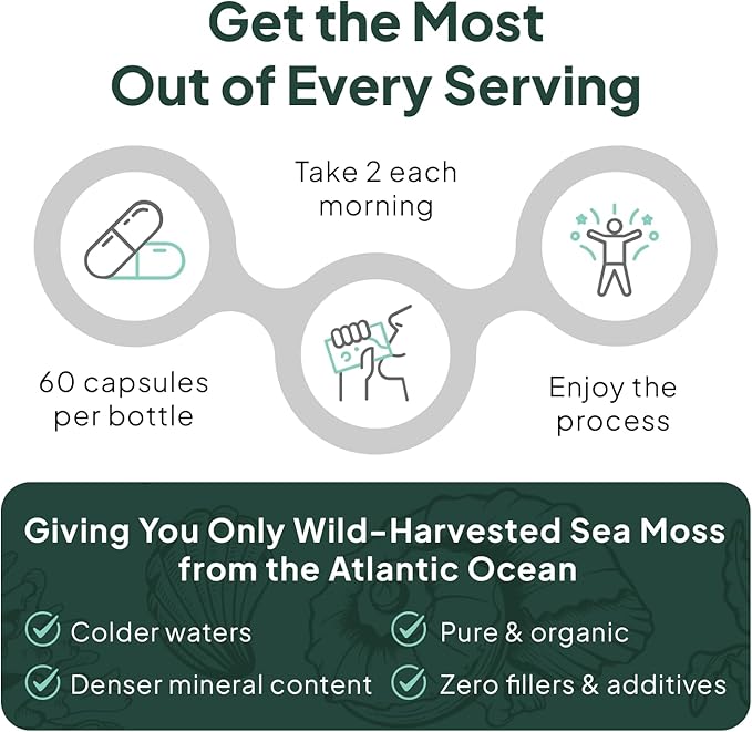 Wild Sea Moss Capsules - 100% Organic Irish Sea Moss with Organic Chlorella, Bladderwrack and Vitamin D for Energy, Lung Health and Thyroid Support for Women and Men - 60 Capsules