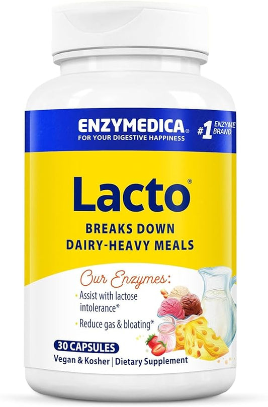 Enzymedica Lacto, Maximum Strength Formula for Dairy Intolerance, with Enzymes Lactase and Protease, Relieves Digestive Discomfort, 30 Capsules (30 Servings)