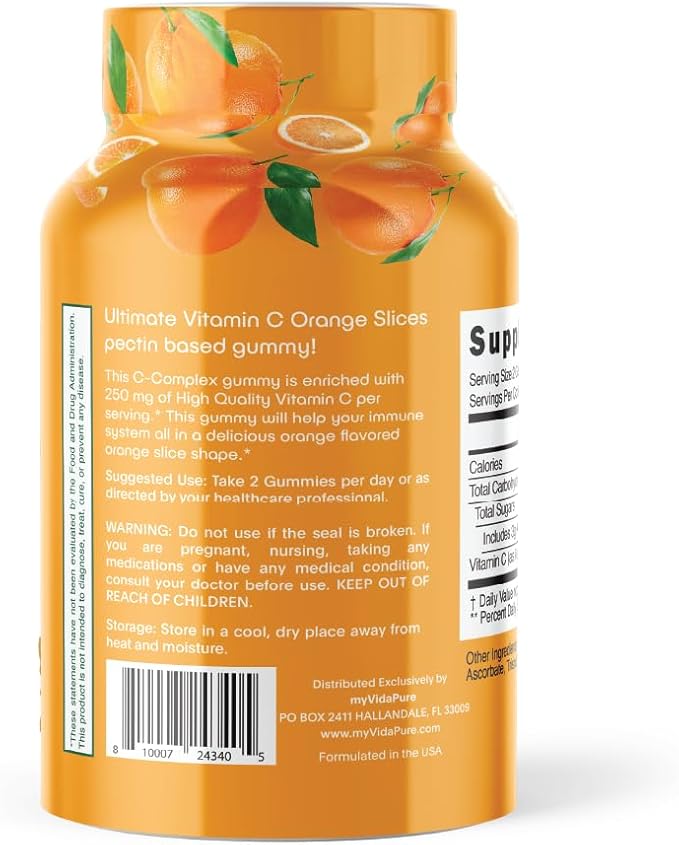MYVIDAPURE Vitamin C Gummy Slices Natural Orange Flavor Non-GMO Vegan Friendly Gluten Free Gelatin Free (60 Gummies)