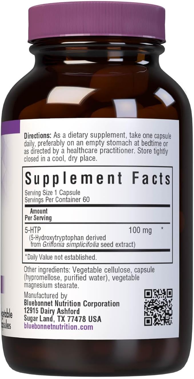 Bluebonnet Nutrition 5-HTP (Hydroxytrypophan) 100mg, for Neurotransmitter Support*, Supports Positive Mood*, Soy-Free, Gluten-Free, Non-GMO, Kosher Certified, Vegan, 60 Vegetable Capsule, 60 Serving