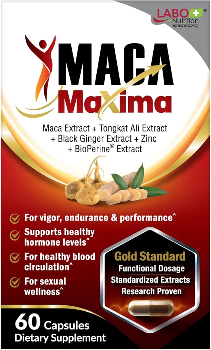 LABO Nutrition MacaMaxima Peruvian Maca Root, Tongkat Ali, Black Ginger, Zinc and Black Pepper Extract Supplement for Men and Women, Supports Reproductive Health, Energy, Stamina- Non-GMO, Vegan Pills