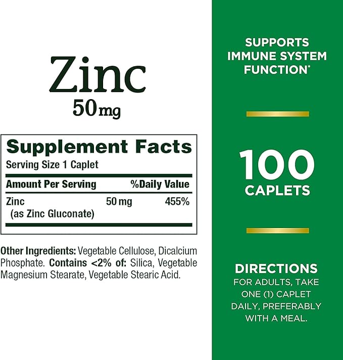 Nature's Bounty Zinc, Immune Support, 50 mg, Caplets, 100 Ct (Pack of 2)