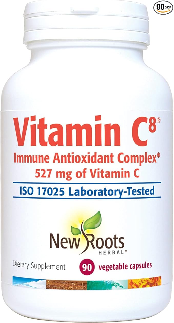 NEW ROOTS HERBAL Vitamin C8, 527mg per Portion (90 Veg Caps) – 8 Sources of Vitamin C with Bioflavonoids, Green Tea & Zinc – Powerful Immune Support