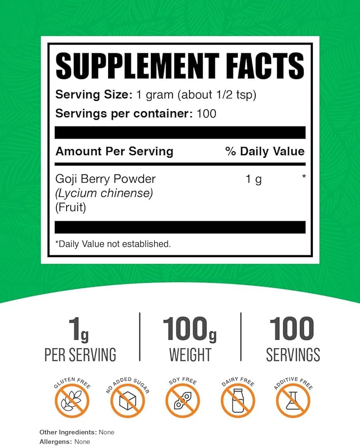 BulkSupplements.com Wolfberry Extract Powder - Goji Berry Supplements, Goji Berry Extract, Herbal Supplement, Gluten Free, 1000mg per Serving, 100g (3.5 oz) (Pack of 1)