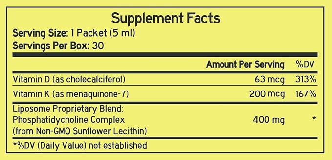 Liposomal Liquid Vitamin D3+K2 - Enhanced Potency + Accelerated Delivery for Maximum Immunity & Energy Boost - 30 Ready to Go Packets 1000mg (150ml) - Made in The USA - Non GMO - Soy Free