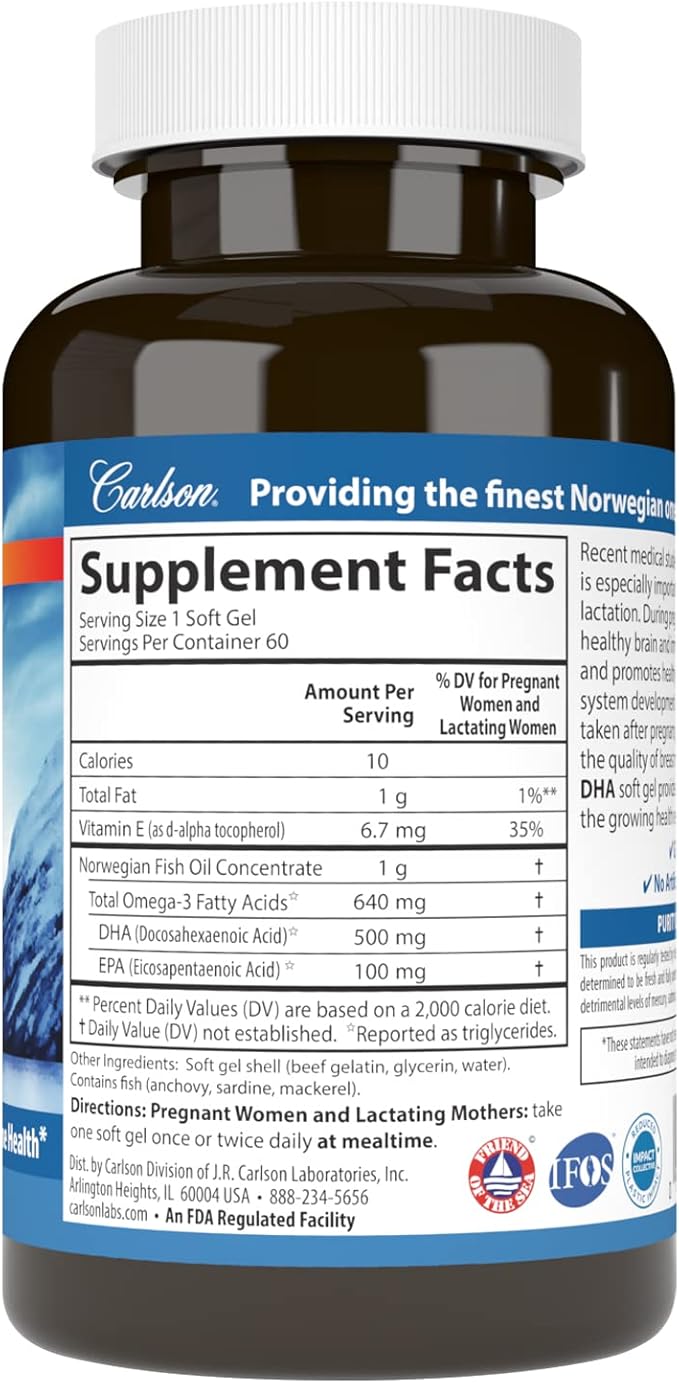 Carlson - Mother's DHA, 500 mg DHA, Prenatal Support, Fetal Development & Immune Health, 60 Softgels