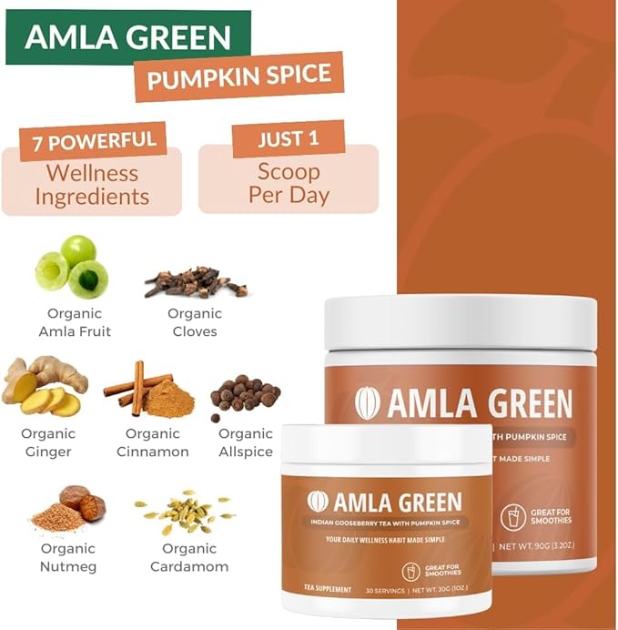 Amla Powder & Green Tea Superfood Supplement with Elderberry & Pumpkin Spice, Organic, Vegan, 30 Servings