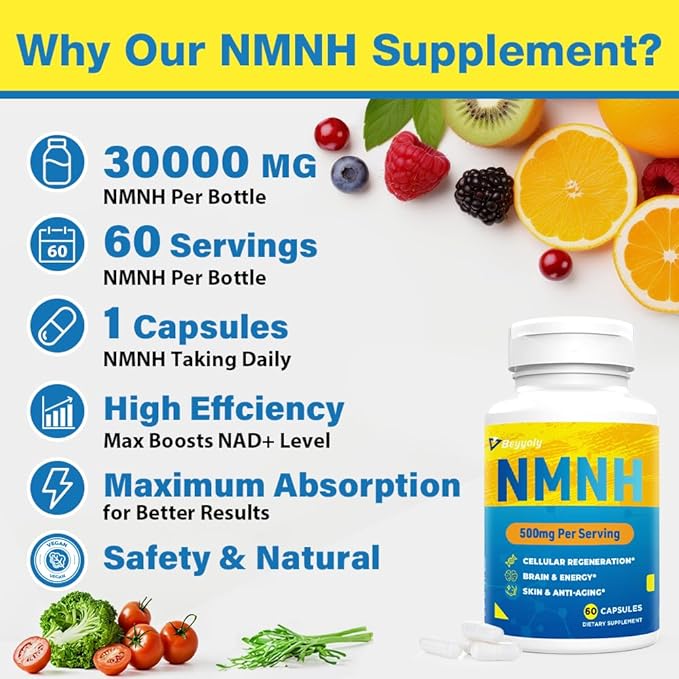 NMNH Supplement (Dihydronicotinamide Mononucleotide)500mg Per Serving, NMNH NAD Supplements for Women & Men, NMNH to Boost NAD+ Levels As We Age for Anti Aging, Cell Health*, Brain* , Energy-180 Count