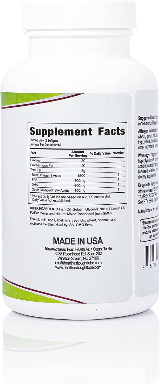 Health As It Ought To Be Omega 3 400/300 mg Supplement | Physician Formulated EPA/DHA in Ethyl Ester Form Wild Caught Icelandic Fish Oil with Lemon | 120 Capsules