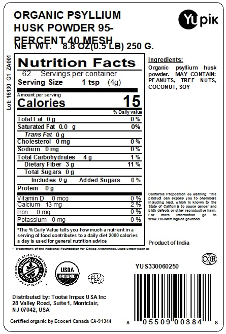 Yupik Organic Psyllium Husk Powder 8.8 Oz, 95% Purity, USDA Certified, Non-GMO, Vegan, Gluten-Free, Unflavored, Plant-Based, Coarse Milled Husk, Source of Fiber for Baking & Digestive Health