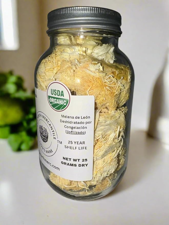 Freeze-Dried Lion's Mane Mushroom fruiting bodies Slices. Real Deal Large 25 Gram Jar. Great for tea or powder. Can be rehydrated and cooked or used as a herbal supplement. USDA organic. Excellent for Stamets Stack. No Refrigeration Required
