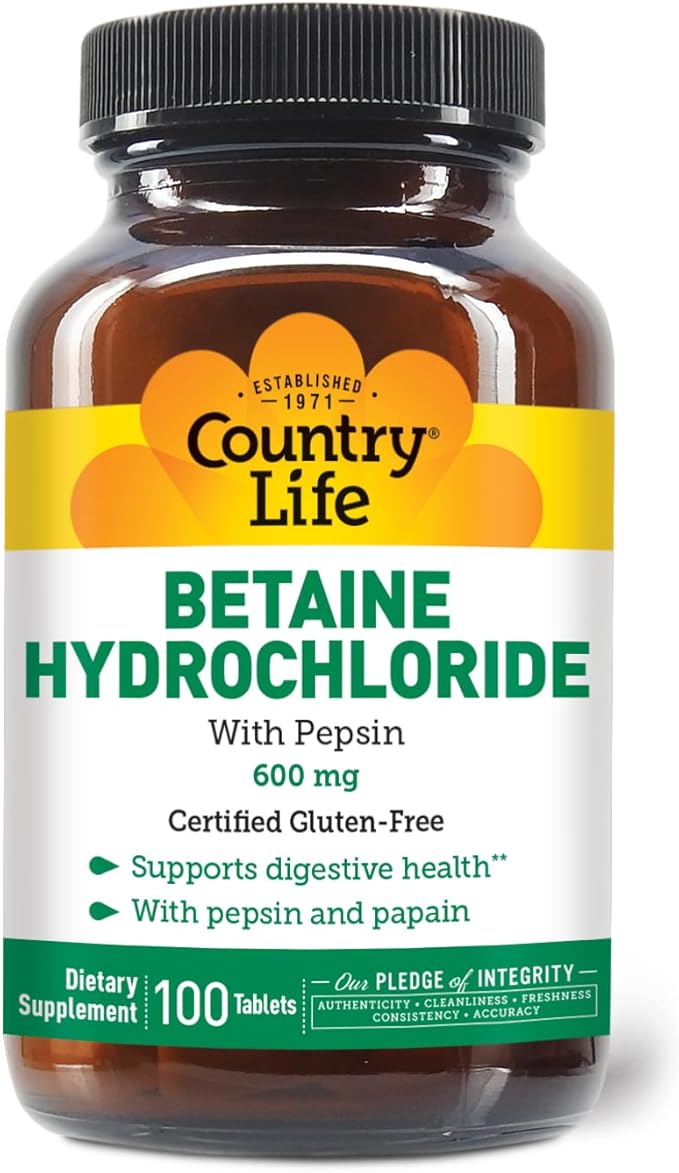 Country Life Betaine Hydrochloride with Pepsin, 600mg, 100 Tablets, Certified Gluten Free